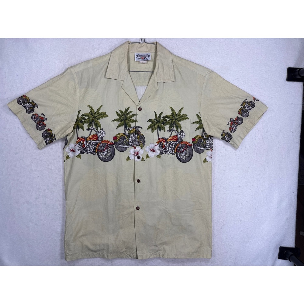 Vintage Pacific Legend Hawaii Motorcycle Aloha Shirt Mens Medium Tan Cotton
